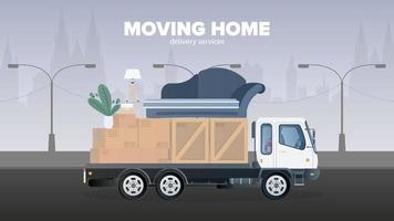 Moving home banner. Moving to a new place. White truck, boxes, sofa, indoor plant, lamp. Isolated. Vector.