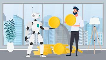 The robot gives a gold coin to a businessman. The robot brings profit to the business. The concept of earnings, profit and wealth. Vector. vector