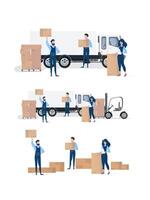 People with boxes. Movers are holding cardboard boxes. The girl with the list in her hands. Design element on the subject of delivery and moving. Isolated. Vector. vector