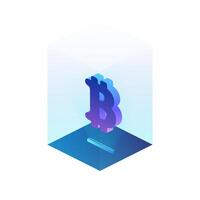 Bitcoin icon in neon light. Glass pedestal in isometric style. Isolated. vector. vector