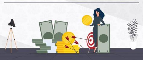 Woman and a mountain of money. The girl stands near gold coins and large dollar bills. A bundle of money. The concept of a successful business, earnings and wealth. Vector. vector