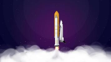 Purple banner on the theme of the cosmos of the cosmos. Space shuttle. Fighter. The booster takes off. Place under your text. Vector. vector