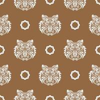 Seamless pattern with white tiger face in Polynesian style. Good for garments, textiles, backgrounds and prints. Vector illustration.