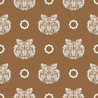 Seamless pattern with white tiger face in Polynesian style. Good for garments, textiles, backgrounds and prints. Vector illustration.