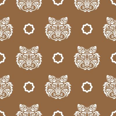 Seamless pattern with white tiger face in Polynesian style. Good for garments, textiles, backgrounds and prints. Vector illustration.