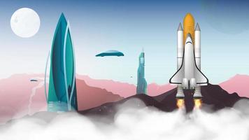 City of the future with unusual buildings. Space shuttle. The booster takes off. City on Mars. Flying transport. Fantasy, collonization of planets. Vector. vector