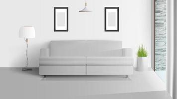 Loft style interior. Bright room. White sofa, floor lamp with white lampshade, pot of grass. Vector illustration.