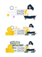 A girl in a lotus position sits on a mountain of gold coins. Cashback lettering. Golden coins. Composition on the theme of money back and cashback. Vector. vector