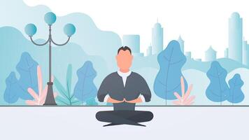 Businessman meditating in lotus position in city landscape vector