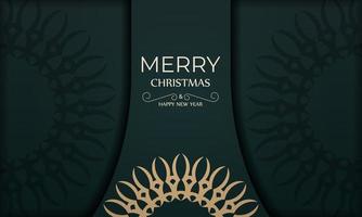 Merry christmas greeting card template in dark green color with vintage yellow pattern vector