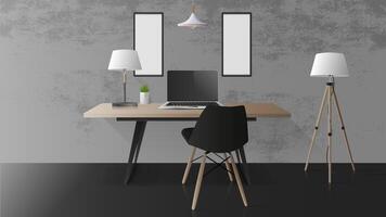 Modern workplace in a stylish loft room. Wooden office table, laptop, chair, table lamp. Office design element. Realistic vector