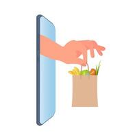 Hand gently holds a paper bag with products. Online shopping concept, mobile phone and hand holds products on a white background. . vector