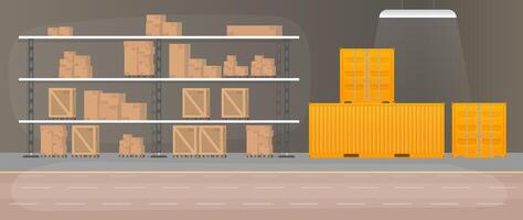 Large warehouse with drawers. Rack with drawers and boxes. Carton boxes. . vector
