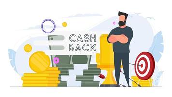 Businessman and a mountain of money. A man stands near gold coins and large dollar bills. Cashback lettering isolated on white background. Golden coins. Composition on the topic of money back. vector