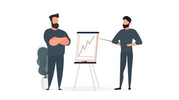 The guy shows a report to the boss. Presentation with positive dynamics. Board for paper. Infographics. Business growth. Isolated. Vector. vector