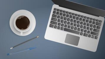 Flat lay of office workplace. Work table top view. Open laptop, cup of coffee, pen, pencil. Realistic vector illustration.