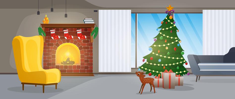 Christmas tree in living room with fireplace and presents