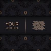 Black luxury postcard design with gold vintage mandala ornament. Can be used as background and wallpaper. Elegant and classic vector elements are great for decoration.