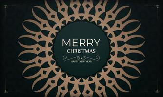 Merry Christmas and Happy New Year greeting card template in dark green color with vintage yellow pattern vector