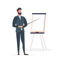 A man with a pointer points to a slide. The guy shows the report. Board for paper. Isolated. . vector