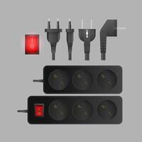 A set of black extension cords with three outlets. Plug for socket. Realistic style Vector. vector