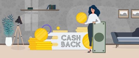 The girl is holding a dollar. Golden coins. Composition on the theme of money back and cashback. Vector. vector