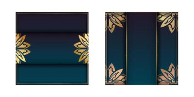 Gradient blue color brochure template with vintage gold ornamentation prepared for typography. vector