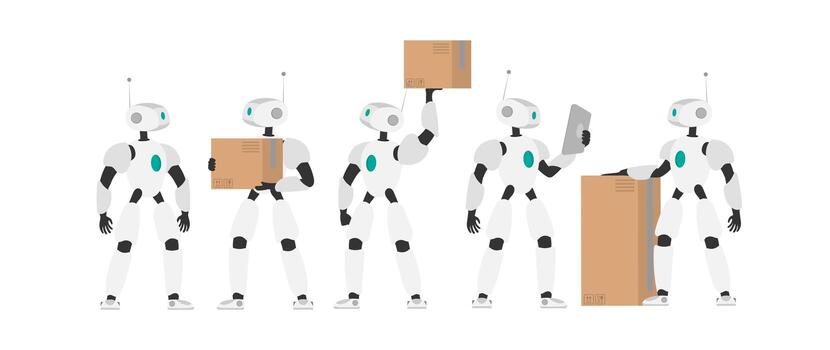 Five robots holding boxes and one holding a laptop vector
