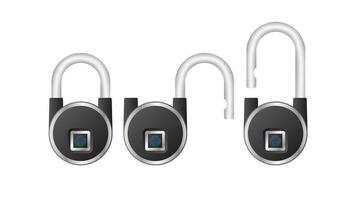 Set of padlocks with fingerprint scanner. A modern padlock is opened with a fingerprint. Isolated. Vector. vector