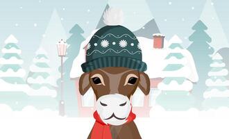 A bull in a warm winter hat against the background of a winter forest. Suitable for postcards and books. Vector