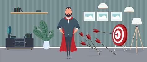 Businessman hits the target. Hit the center of the target with an arrow. Businessman with a red cloak. The concept of motivation and achievements in business. Vector. vector