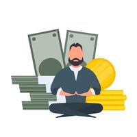 The man is meditating on the background of money. Business man doing yoga. Large stack of dollars and gold coins. Isolated. Vector. vector