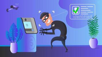 un ladrón está robando un cajero automático. identificación de ladrón enmascarado. concepto de seguridad. vector