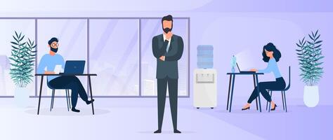 A team of people works in the office. The girl at the computer, the guy at the laptop. The boss in a business suit. Office. . vector