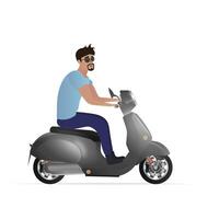 el chico está montando una scooter. un hombre en un ciclomotor está aislado en un fondo blanco. ilustración vectorial vector