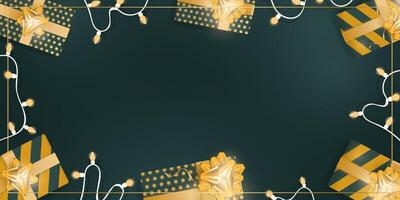 Green background with realistic gift boxes with gold ribbons and bows. Garlands with bulbs. View from above. Banner with space for text. Vector. vector