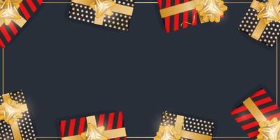 Black background with gifts and place for text. Realistic gift boxes with gold ribbons and bow. Vector illustration. View from above.