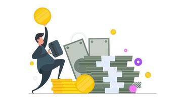 hombre de negocios feliz en un salto. empresario con una maleta y una moneda de oro en sus manos. una montaña de dinero. dólares, fajos de dinero, monedas de oro. aislado. vector. vector