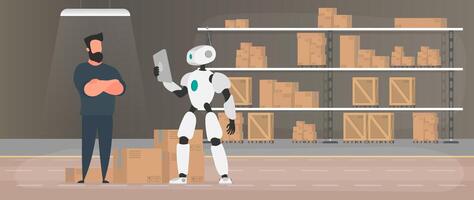 The robot stands with cardboard boxes near the conveyor line. Conveyor system in flat design. . vector