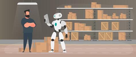 The robot stands with cardboard boxes near the conveyor line. Conveyor system in flat design. Vector. vector