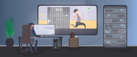 Security room. The guard recorded an escape in prison. The offender runs from the prison cell. . vector
