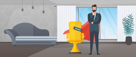 Vacant place. Businessman with red superhero cloak. Office. Gold office chair. The concept of open vacancy, search and recruitment of personnel, HR. Vector. vector
