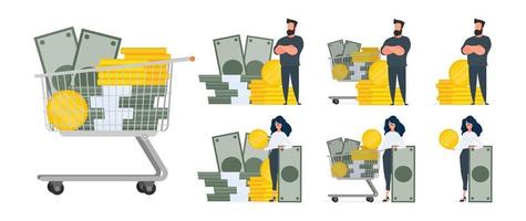 Set for posters and presentations. Businessman and a mountain of money. A man stands near gold coins and large dollar bills. A bundle of money. Vector. vector