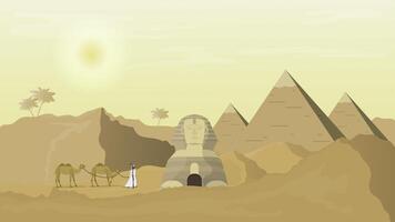 A shepherd leads camels through the desert. Egyptian pyramids, sphinx. . vector