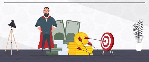 The businessman hits the target. Hit the center of the target with an arrow. Businessman with a mountain of money. Business concept of motivation and achievement. Vector. vector