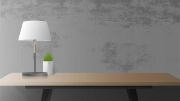 A table with a wooden shadow and a black shadow. Table lamp, indoor plant. Gray concrete wall. Vector illustration.