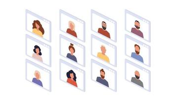 Isometric application window with chat. People at an online conference. Application window with conference. Isolated over white background. Vector illustration.