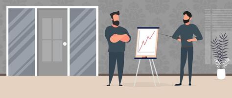 The guy shows a report to the boss. Presentation with positive dynamics. Board for paper. Infographics. Business growth. . vector