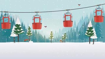Fabulous snowy forest. Cable car with trailers in the winter forest. Cartoon style. Vector illustration.