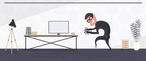 The thief entered the apartment and steals the laptop. An office robber steals data. Security and robbery concept. Vector. vector